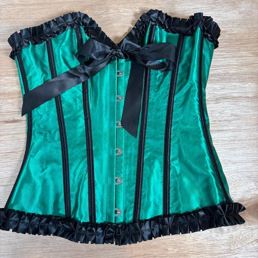 Lovesick Emerald Green Satin Ruffle Corset Top Black Lace Up Back SM